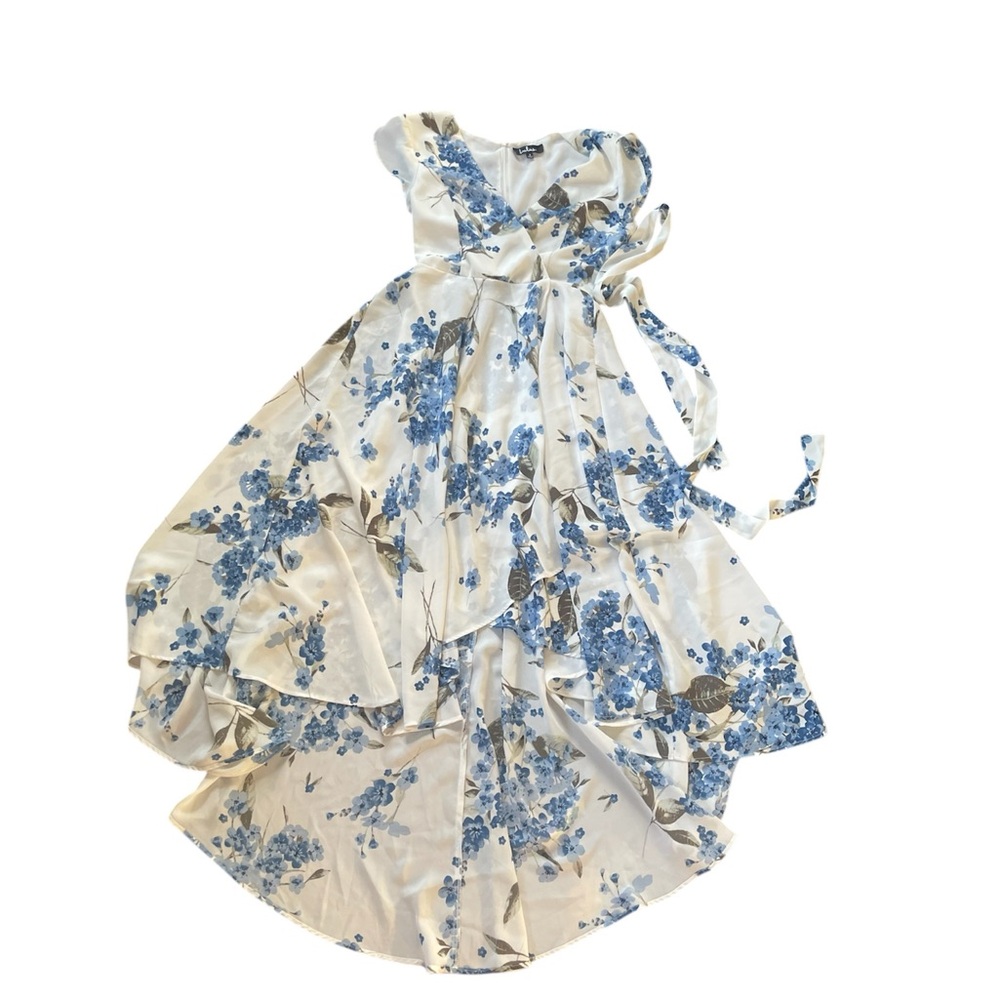 Lulus French Countryside White Floral Print High-Low Dress blue white small - Picture 3 of 7